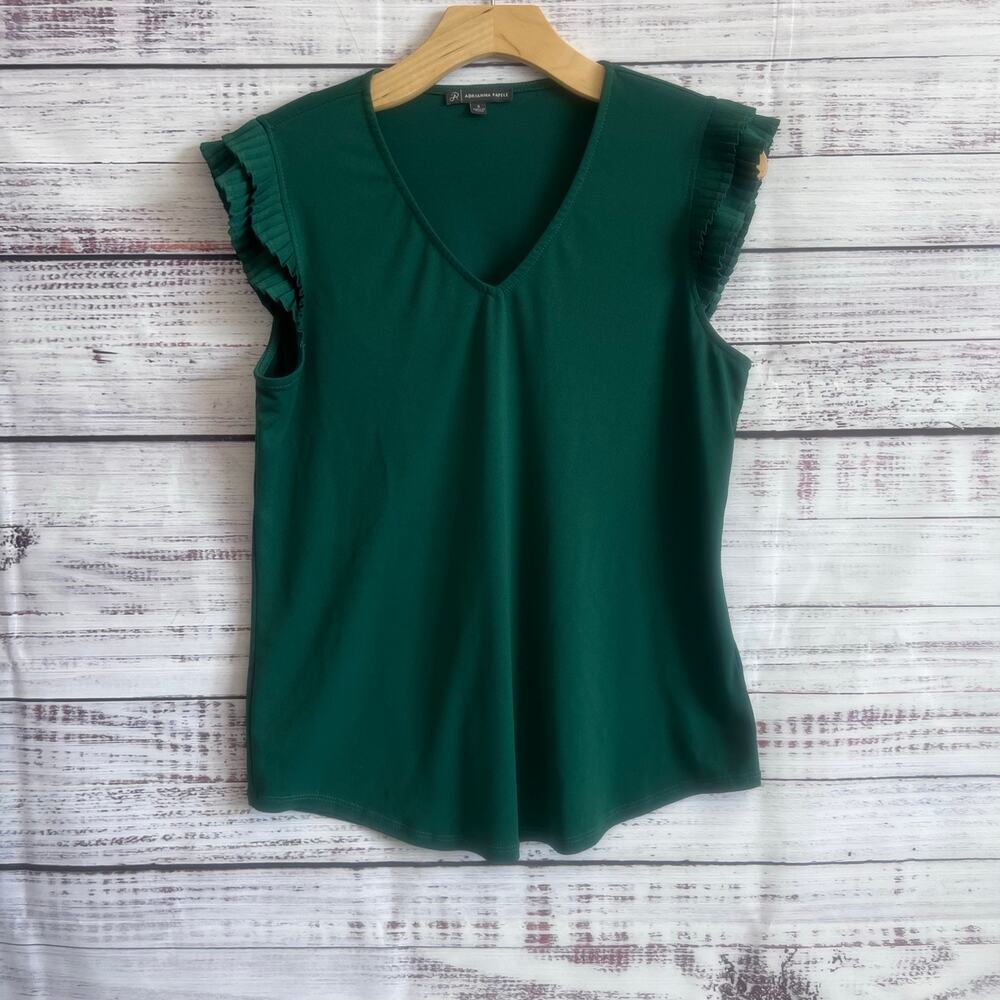 Adrianna Papell pleated flutter sleeve V-neck blouse emerald green size small